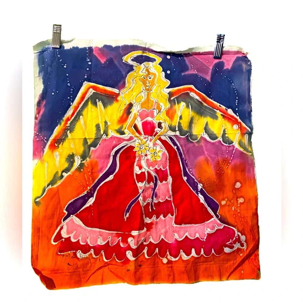 Vintage Batik Hand Dyed Tapestry Wall Art Angel Wings Halo Flowers Woman 90s